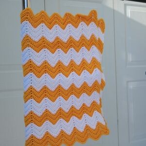 Hand Crafted Orange and White Chevron Blanket